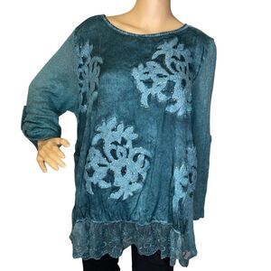 Vintage Belle France Silk Blend Layered Long Sleeve Blouse Teal Green Size XL